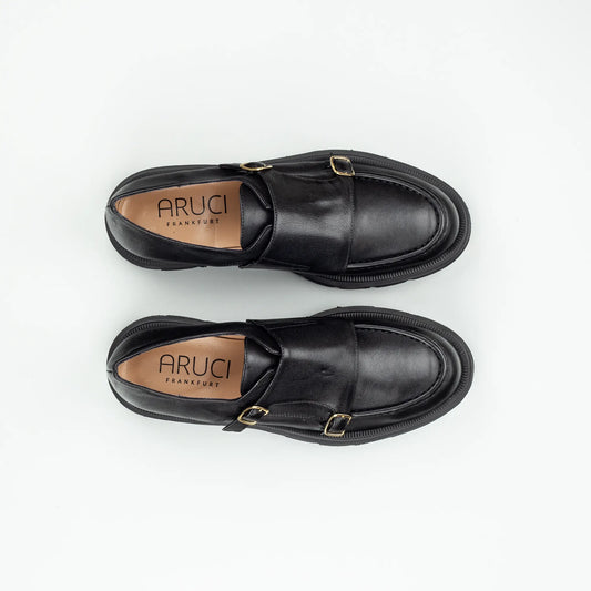 Aruci – Loafer Monk Kalbsleder Schwarz | Modische Form | Flexible Gummisohle | Handmade Italy