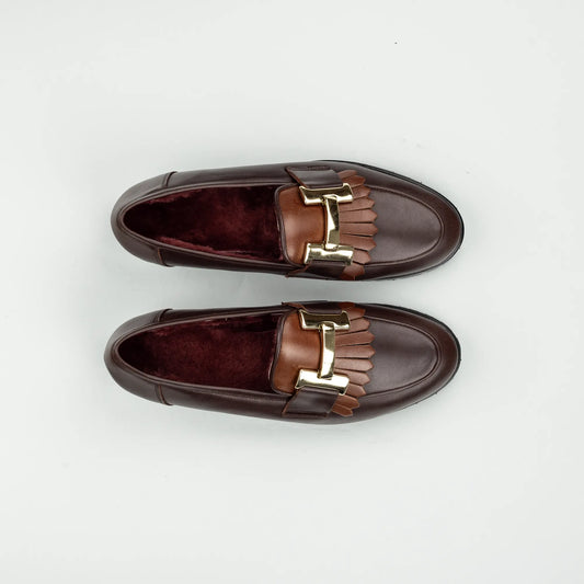 Aruci | Loafer Kalbsleder Bicolor Braun – Goldene Schnalle, Lammfell-Futter Bordeaux | Handmade in Italy