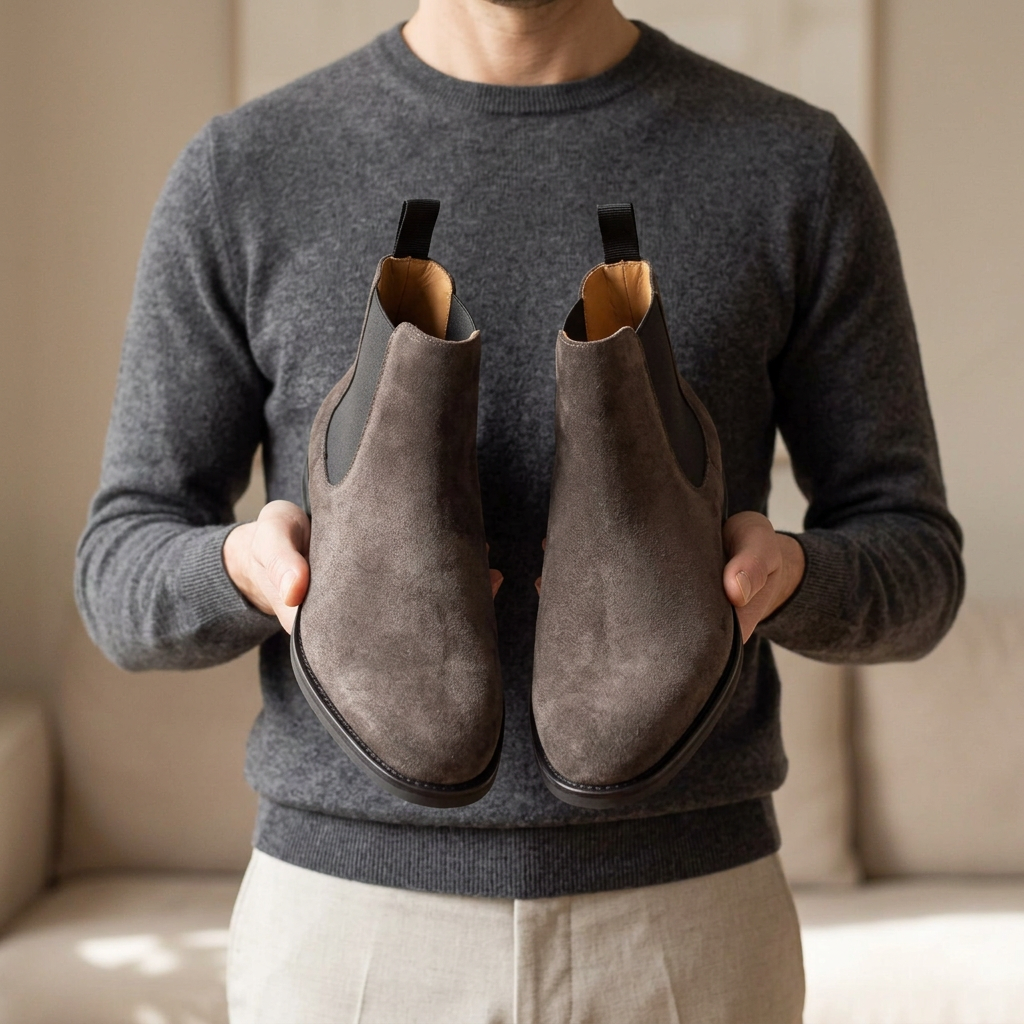 Mann hält graue Wildleder-Chelsea-Boots mit farblich abgestimmtem Outfit