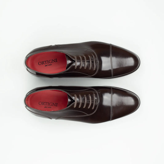 Ortigni – Oxford Captoe Dunkelbraun Kalbsleder | Rotes Lederfutter & Ledersohle | Handmade Toskana