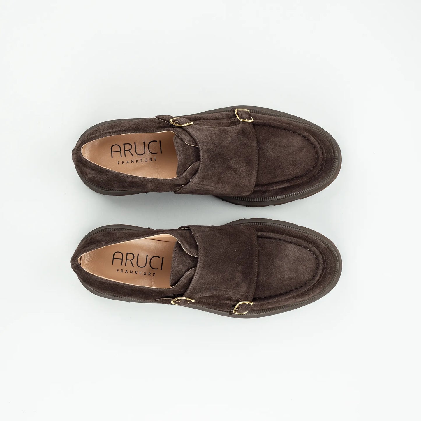 Aruci – Loafer Monk Velourleder Braun | Modische Form | Flexible Gummisohle | Handmade Italy