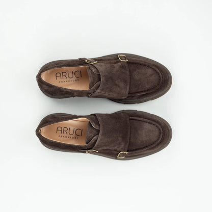 Aruci – Loafer Monk Velourleder Braun | Modische Form | Flexible Gummisohle | Handmade Italy