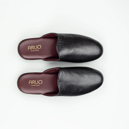 Hausschuh Nappa Schwarz | Bordeaux Nappa-Innenfutter | Ledersohle | Handmade Italy