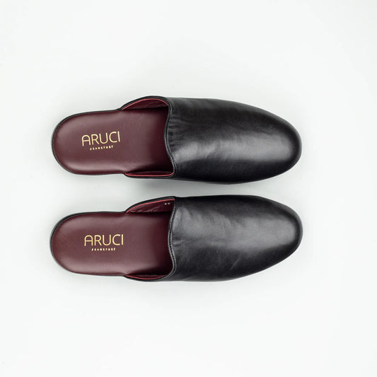 Hausschuh Nappa Schwarz | Bordeaux Nappa-Innenfutter | Ledersohle | Handmade Italy