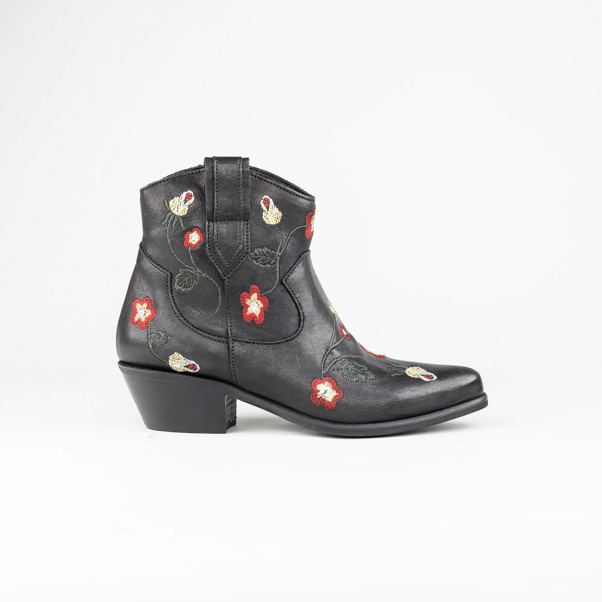 Aruci – Western Ankle Boot Schwarz | Blumenstickerei | Handmade Italy