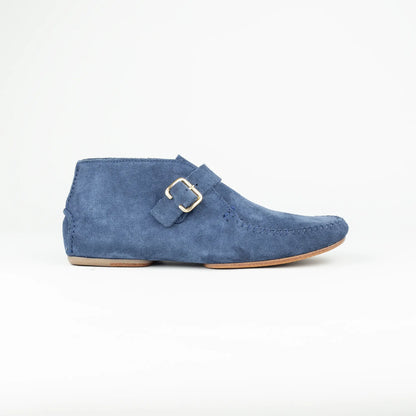 Monk Boot Ziegen Velourleder Blau | Durchgenäht | Leichte Ledersohle | Handmade Italy