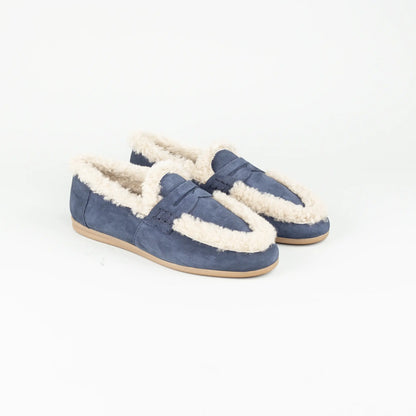 Vitty – Loafer Velourleder Blau | Echtes Lammfell-Futter | Handmade Italy