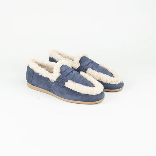 Vitty – Loafer Velourleder Blau | Echtes Lammfell-Futter | Handmade Italy