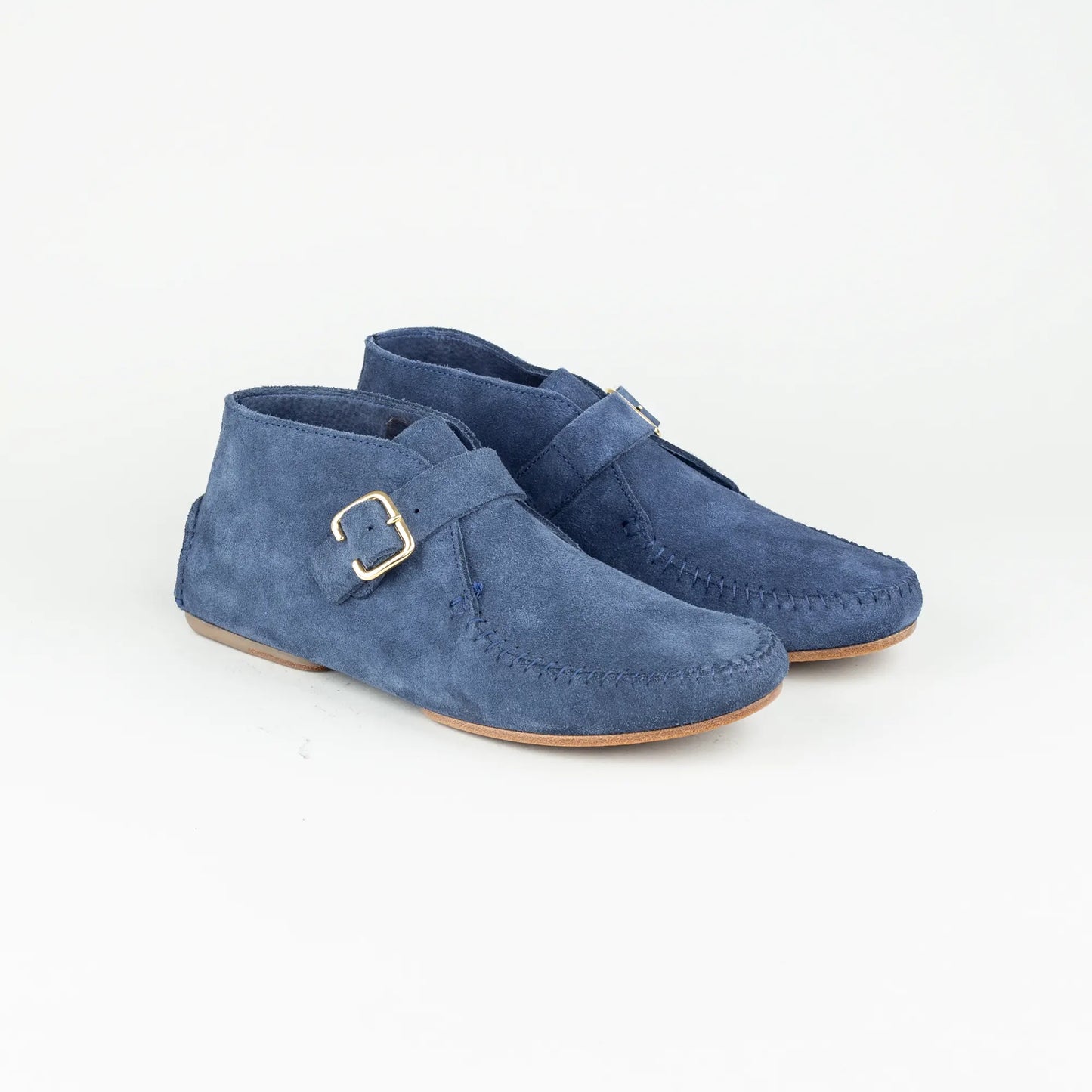 Monk Boot Ziegen Velourleder Blau | Durchgenäht | Leichte Ledersohle | Handmade Italy