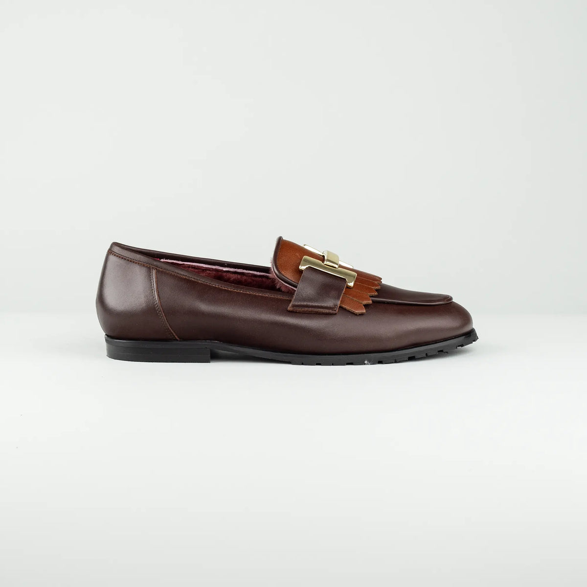 Aruci | Loafer Kalbsleder Bicolor Braun – Goldene Schnalle, Lammfell-Futter Bordeaux | Handmade in Italy