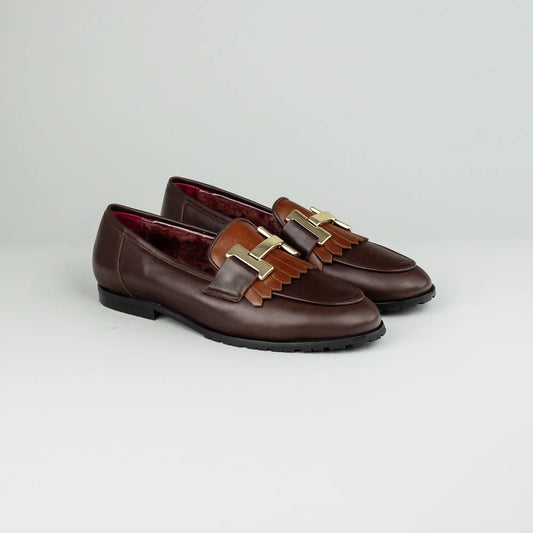 Aruci | Loafer Kalbsleder Bicolor Braun – Goldene Schnalle, Lammfell-Futter Bordeaux | Handmade in Italy
