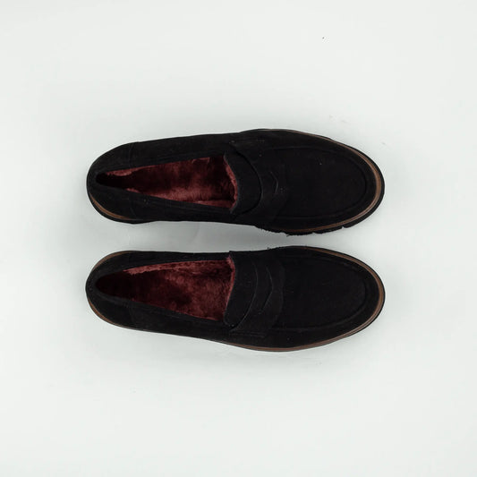 Aruci | Loafer Velourleder Schwarz – Echtes Lammfell-Futter Bordeaux | Handmade in Italy