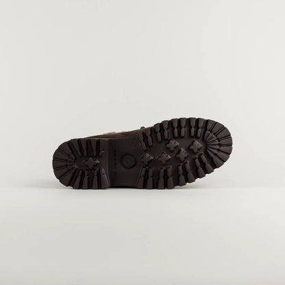 Aruci Hoher Loafer aus dunkelbraunem Wildleder mit Lammfell & Horsebit-Schnalle