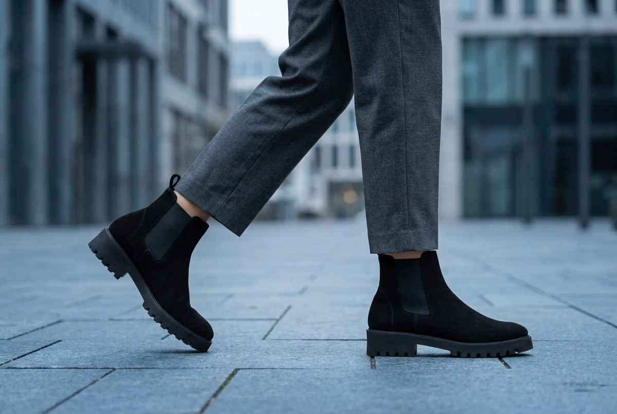 Aruci-Chelsea-Boots von links nach rechts mit modernen Hosen in kühler Stadtszene
