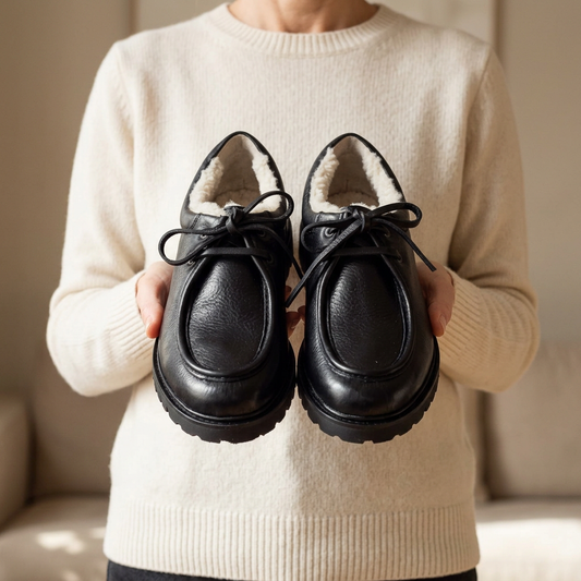 Frau hält die schwarzen Elia-Maurizi-Schuhe mit Lammfellfutter in den Händen