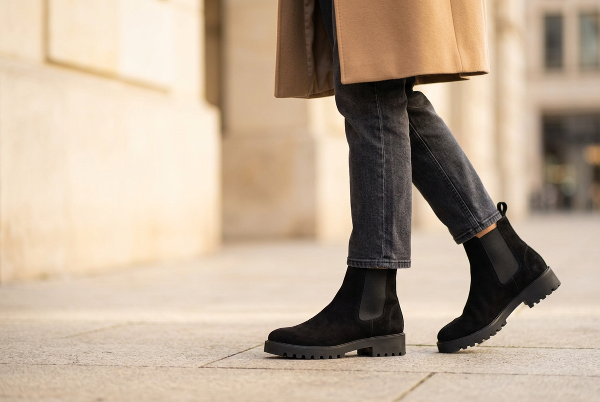 Hero-Banner für schwarze Aruci Chelsea-Boots aus Wildleder