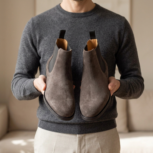 Mann hält graue Wildleder-Chelsea-Boots mit farblich abgestimmtem Outfit