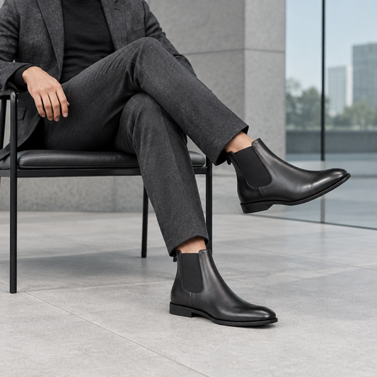 Model sitzt auf einem Stuhl mit gut sichtbaren schwarzen Chelsea Boots